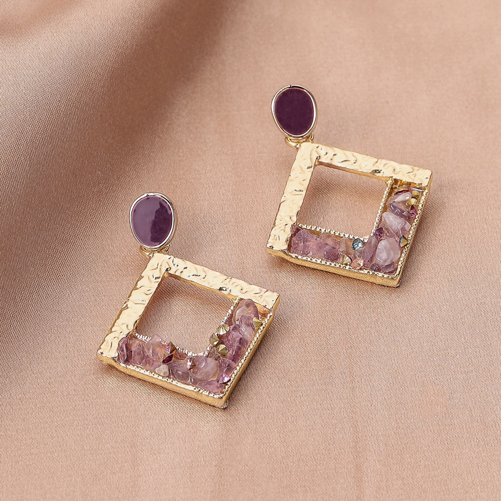 New earrings geometric hollow purple crushed stone earrings personality temperament fashion jewelry