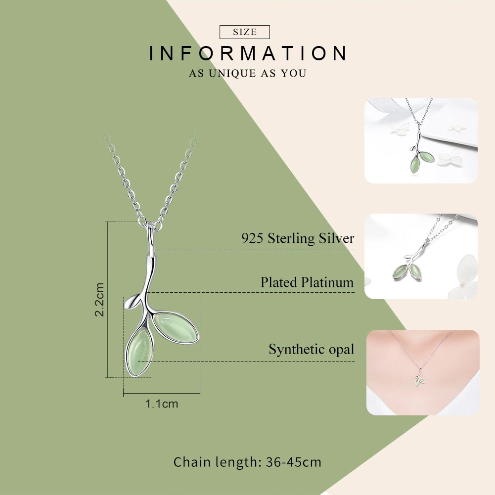 Plated Platinum Jewelry Green Leaves Synthetic Opal Sterling Silver Pendant Necklace