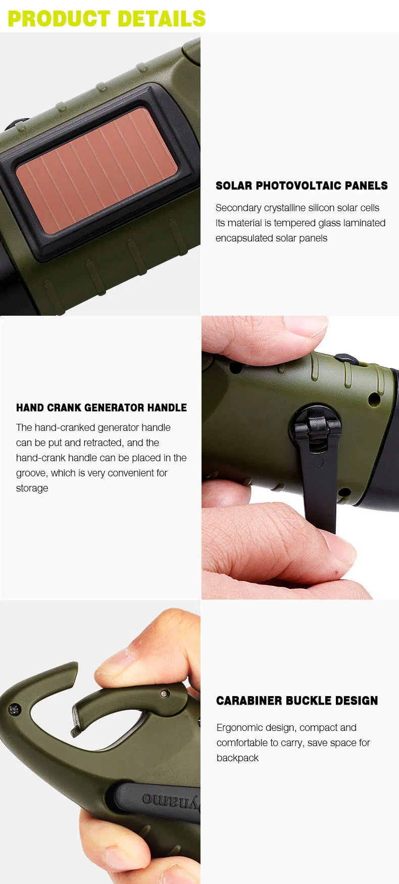 Hand Crank Solar Powered Flashlight Cheap Powerful Emergency Rechargeable Flashlight Crank-Powered Flashlight
