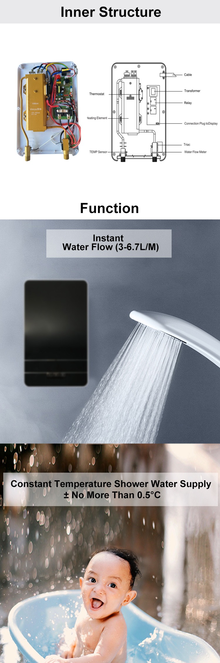 8.5kw Home Appliance Portable Bathtub 220V-240V Instant homely horizontal Water Heater