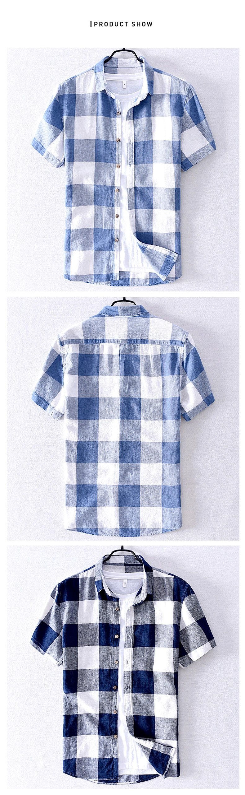 High Quality Breathable Cotton Men's Plaid Shirt Slim Fit Male Casual Short Sleeved Shirts