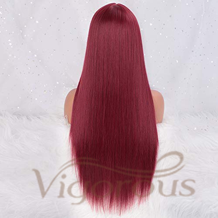 Vigorous High Quality Supplier Long Burgundy Silky Straight Wave With Neat Bangs Cosplay For Black Women Synthetic Hair Wigs
