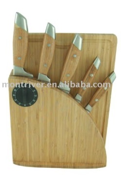 Bamboo knife block set, include 5pcs forged knife with bamboo handle, 2 function bamboo cutting board and timer