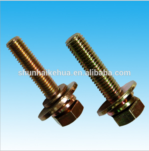 Factory Stock sell cross recessed hexagon bolts in galvanized with indentation,single coil lock washer and plain washer assembli