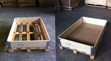 Foldable wooden pallet collar with riveted hinges