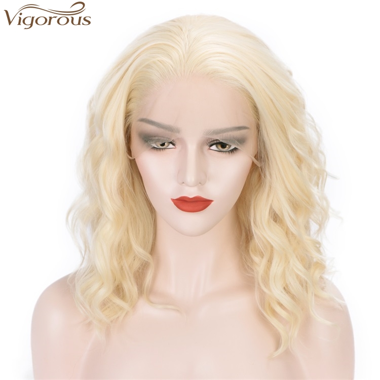 Vigorous High Quality Cosplay White Women Wigs Lace Front Wigs Blonde Heat Resistant Synthetic Short Bob Wavy Wigs