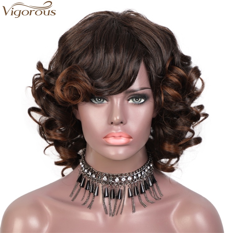 Vigorous Short Curly Wig With Bangs For Black Women Mixed Black And Brown Glueless Party Wig Synthetic Heat Resistant Hair Wig