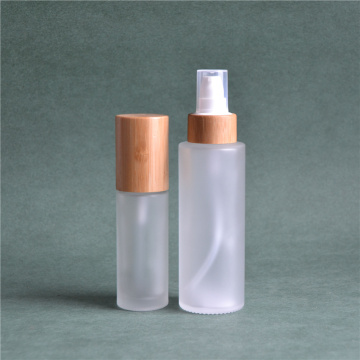 Frosted Glass Pump Bottles With Bamboo Cosmetic Lid