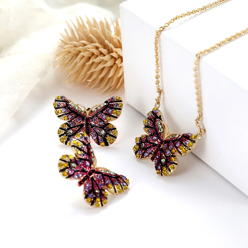 Creative Colorful Crystal Butterfly Pendant Jewelry Set