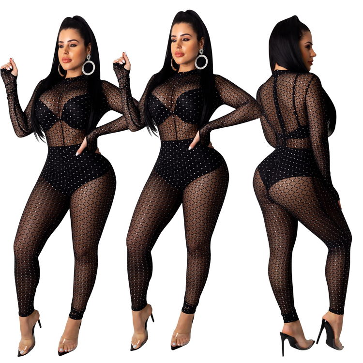 C3710 2019 Women hot selling fashion sexy lace mesh jumpsuit gold blocking see through jumpsuit long sleeve women hollow out