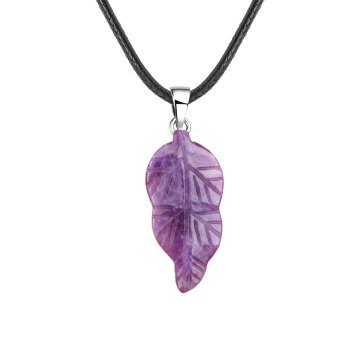 Amethyst Handmade Craved Leaf Pendant Necklace with 45CM Black Cord