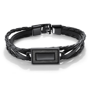 Custom simple mens black leather bracelet