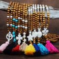 Винтажные натуральные круглые деревянные бусины, длинный свитер, цепочка, ожерелье, ручная работа, крест, звезда, богемная подвеска с кисточкой, женские украшения