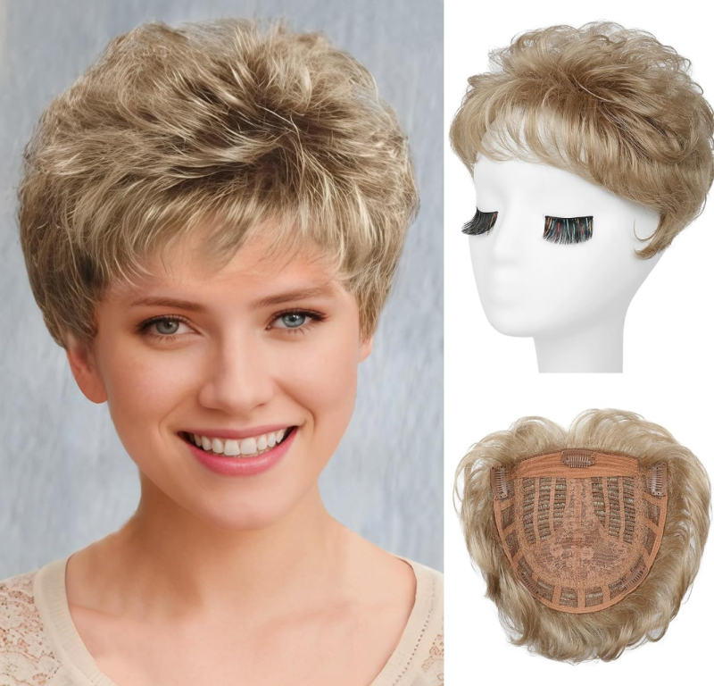 Dark Blonde Short Wavy Hair Topper for Women Large Coverage Synthetic Crown Hairpiece