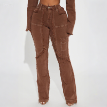 Women Frayed Straight Leg Jeans Brown Color Denim Twill Pants