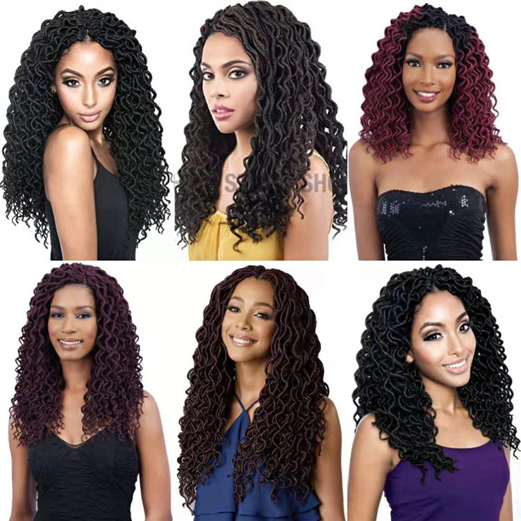 Wholesale 18 inch Curly Faux Locs Wavy Goddess Locs Crochet Hair Braids Pre looped Synthetic Hair Extension Wavy Soft Dreadlock