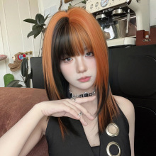 New Korean Style 50cm Medium Length Black Layered Orange with Bangs Fashion Synthetic Hair Wigs for Women