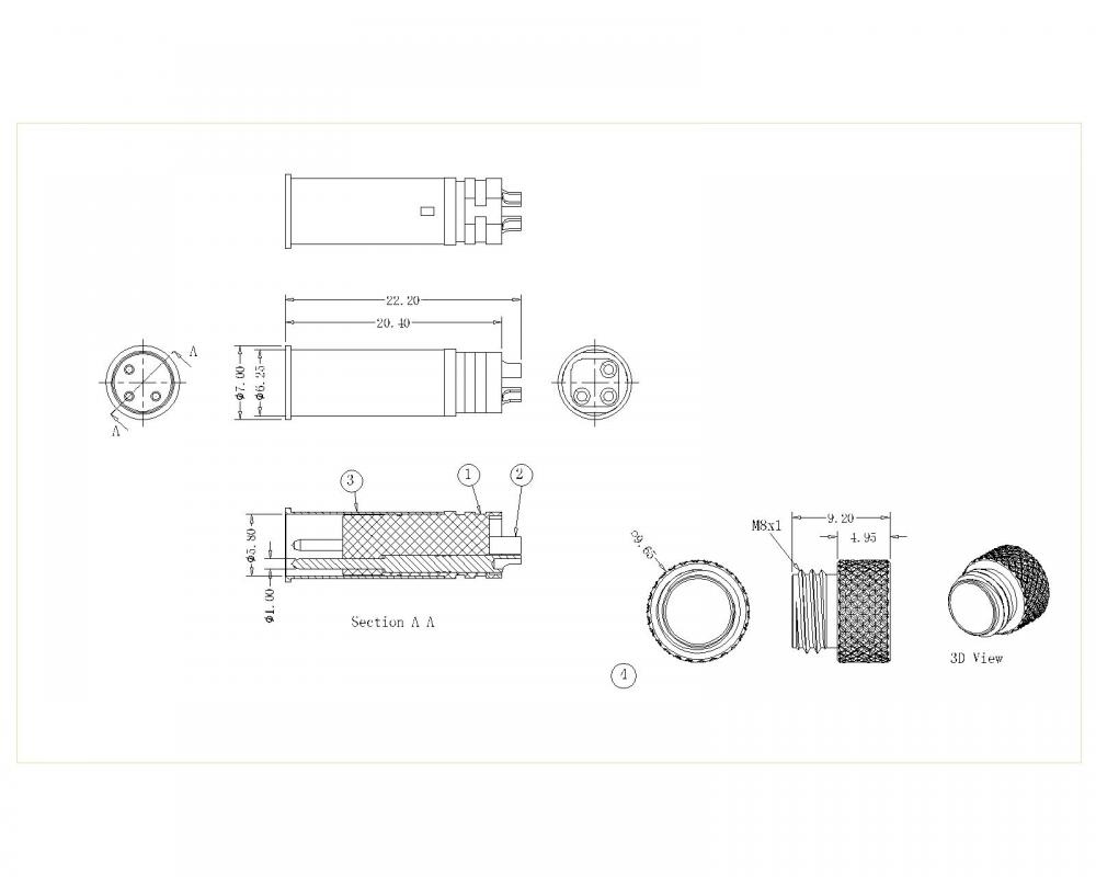 M8-XP-M-166-0 M8 2 ~ 4p Bahagian Kawat Lelaki