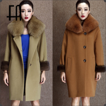 Factory wholesale wool coat with fox fur collar and mink fur cuff /wool fur jacket