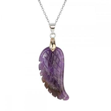 Gemstone wing pendant necklace charms natural crystal quartz stone angel feather wing pendant choker with 45cm silver chains