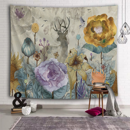 Flower Deer Tapestry Nature Watercolor Wall Hanging Yellow Tapestry for Livingroom Bedroom Home Dorm Decor