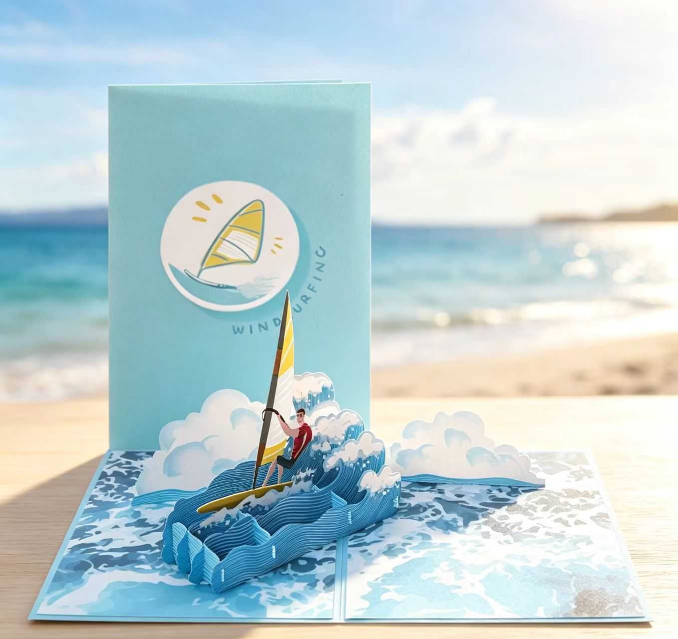 Wyskakująca kartka z życzeniami z motywem surfingu Surfing theme pop up greeting card