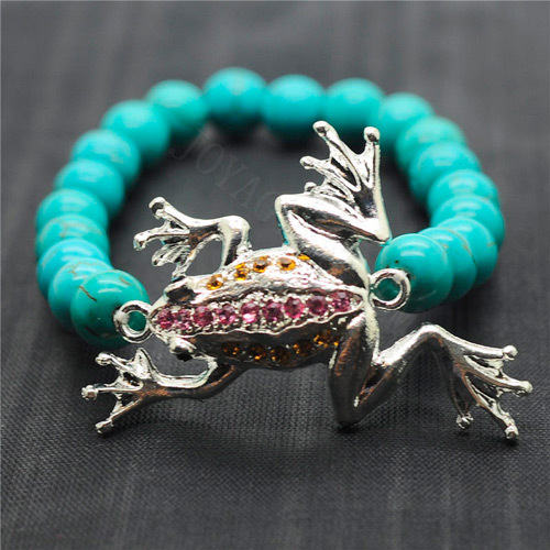 Turquoise 8MM Round Beads Stretch Gemstone Bracelet with Diamante alloy frog Piece