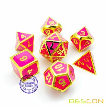 Bescon Super Glow in the Dark Metal Polyhedral Dice Set Golden and Rose, Luminous Metallic RPG Role Playing Game Dice 7pcs Set