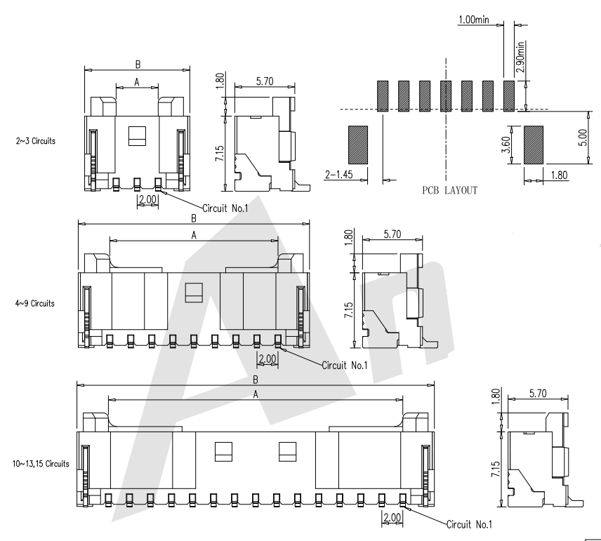 2.0mm Pitch 180 ° SMT Wafer Connector بدون Post