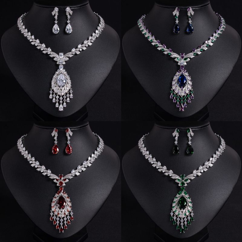 Regal Teardrop Tassel Bridal CZ Jewelry Set