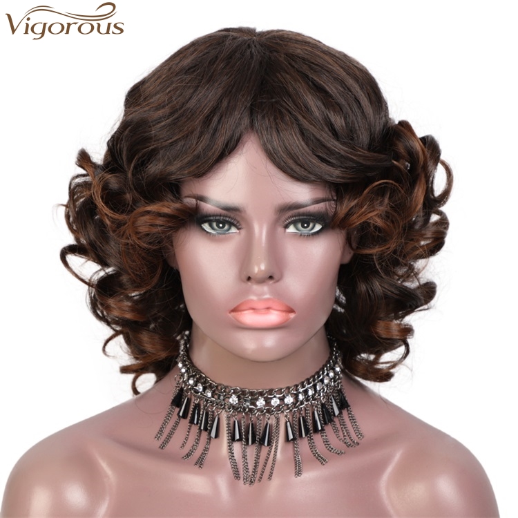 Vigorous Short Curly Wig With Bangs For Black Women Mixed Black And Brown Glueless Party Wig Synthetic Heat Resistant Hair Wig