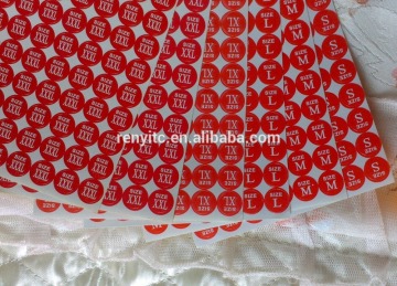 China low price garment adhesive size sticker,garment sticker,transparent pvc sticker