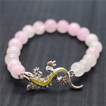 Rose Quartz 8MM Round Beads Stretch Gemstone Bracelet with Diamante alloy lizard Piece