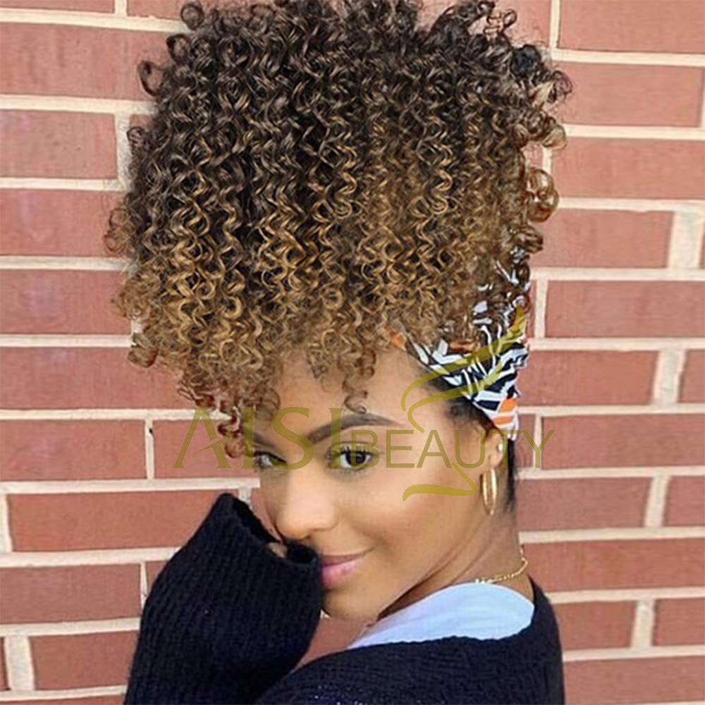 Aisi Beauty Hotselling Wholesale Ombre Brown Afro Fluffy Puff Hairpiece Extension Messy Donut Curly Afro Kinky Afro Hair Bun