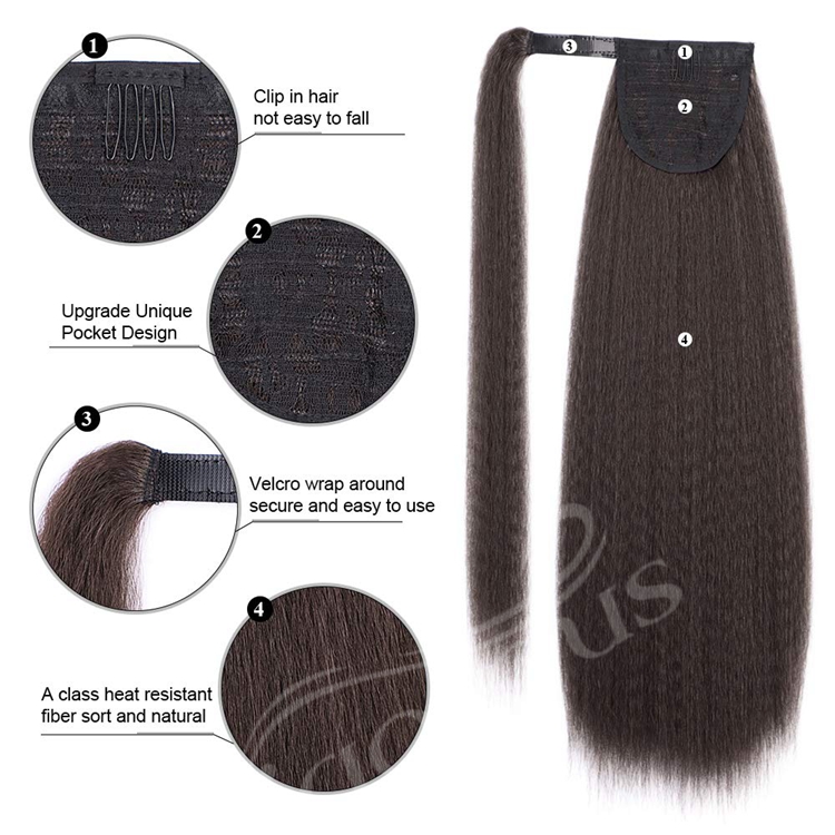 Vigorpus 24inch Ponytail Extension Long Yaki Straight Wrap Around Clip in Synthetic Fiber Hair for Women