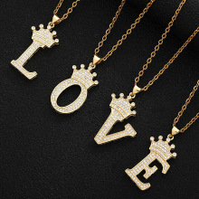 Gold Plated Stainless Steel Iced Out Crown Initial Letter Necklace - Hip Hop Jewelry