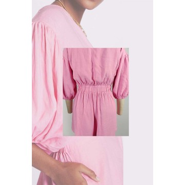 Skin-friendly V Neckline Puff-Sleeved Cotton Linen Romper