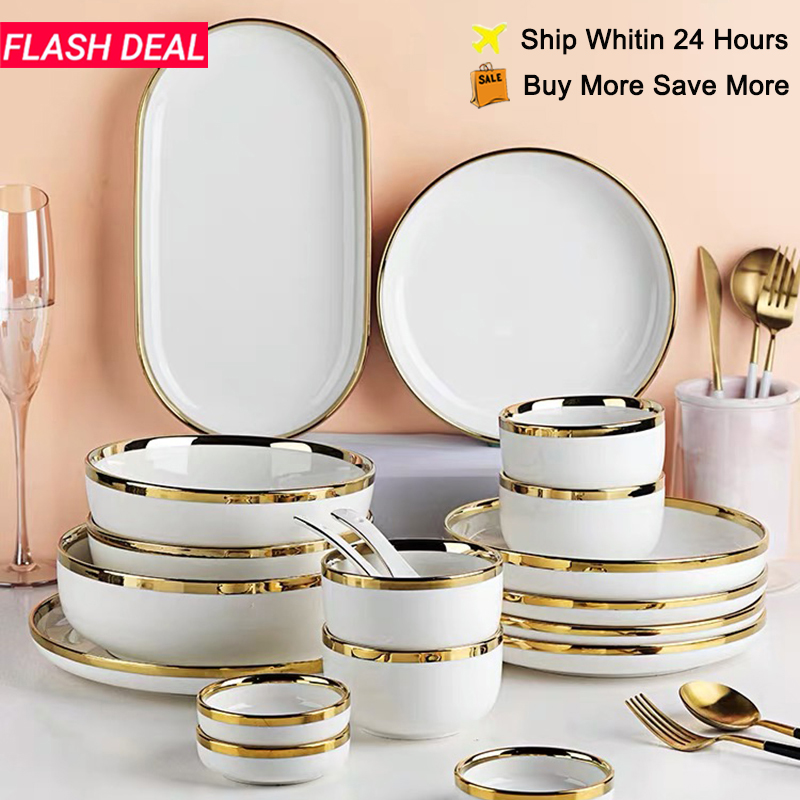 White Porcelain Plates for Food Dinner Set Dishes Salad Soup Bowl Ceramic Plates and Bowls Set Service for 2/4/6/8 Person