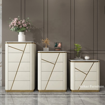 Designer Luxury Microfiber Leather Chest of Drawers with Marble Storage Cabinet