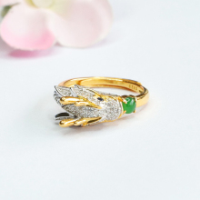 Golden Plated S925 Silver Dragon-Shaped Jadeite Rings with Green Myanmar and Natural Burma Jade