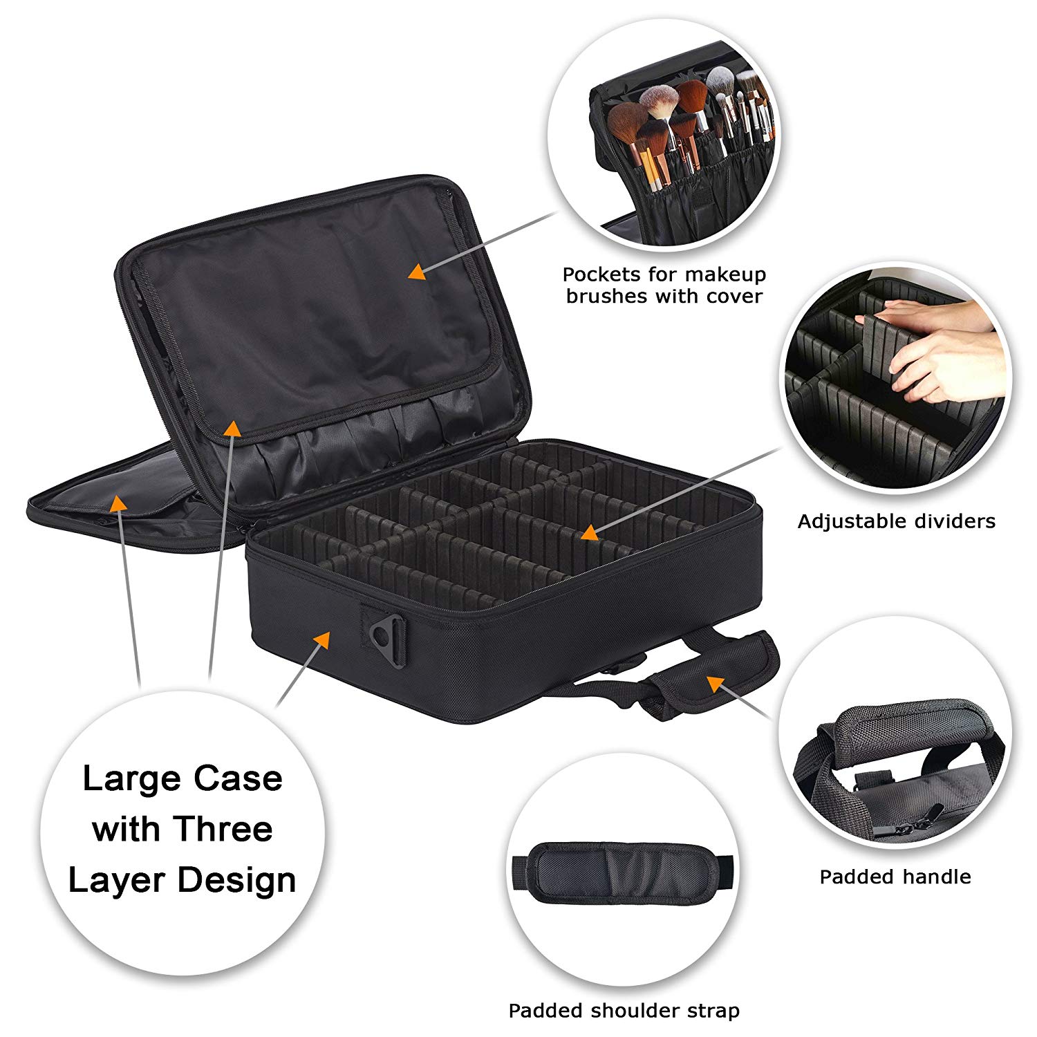 Large Travel Makeup Bag (3 Layer) with Adjustable Dividers, Multipurpose Cosmetic Organizer