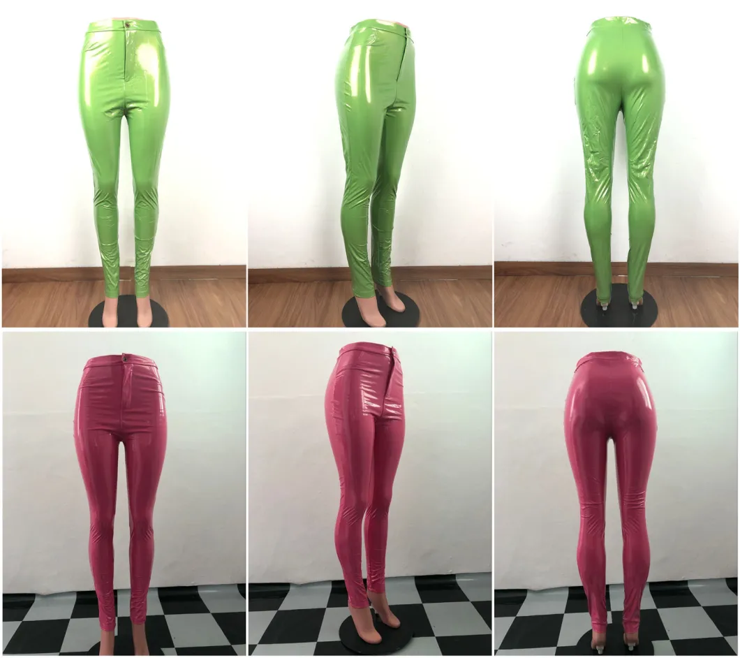 2020 Amazon Hot Sell Thick Velvet Colorful Joggers Elastic Casual PU Faux Leather Pants for Women