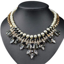 Rhinestone statement necklace, made of alloy, rhinestone, gemstone, imitation pearl