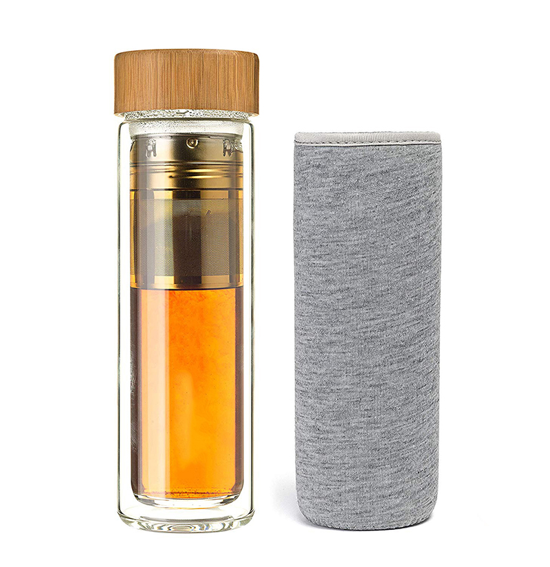 450ml double wall glass tea infuser water bottle bamboo cover glass water bottle