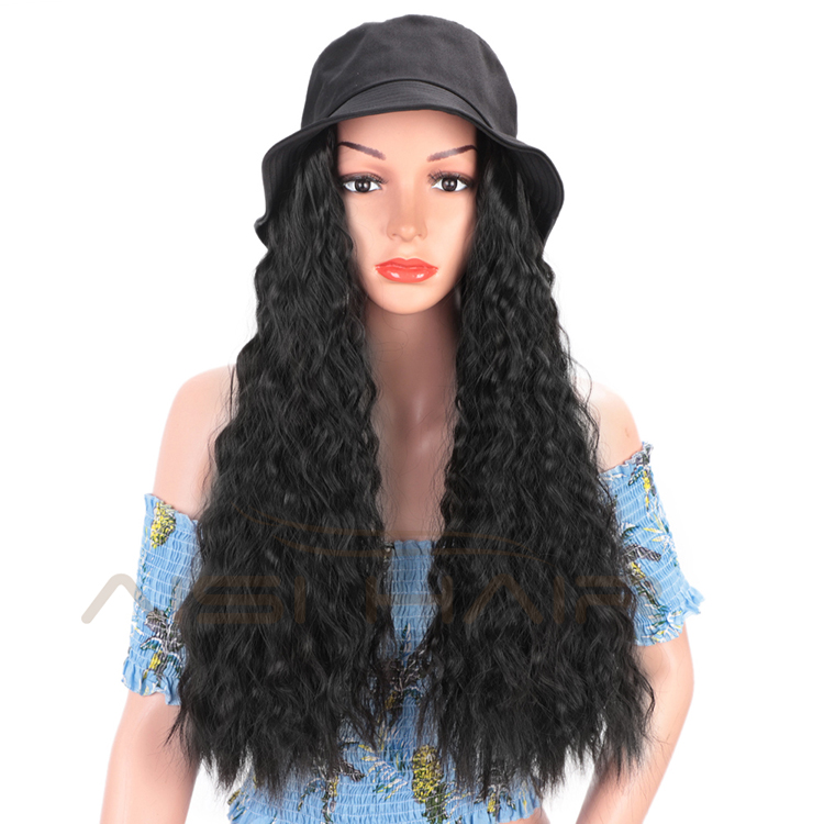 Aisi Hair Outdoor Hat Wig Long Wavy Cosplay Party Knit Slouchy Hat Synthetic Fiber Hair Extension With Black Cap For Women