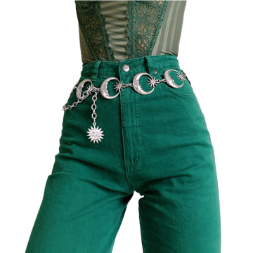 Fashion Punk Moon Sun Metal Belt Women Vintage High Waist Chain Waist Belts Gothic Sliver Pendant Belts Female