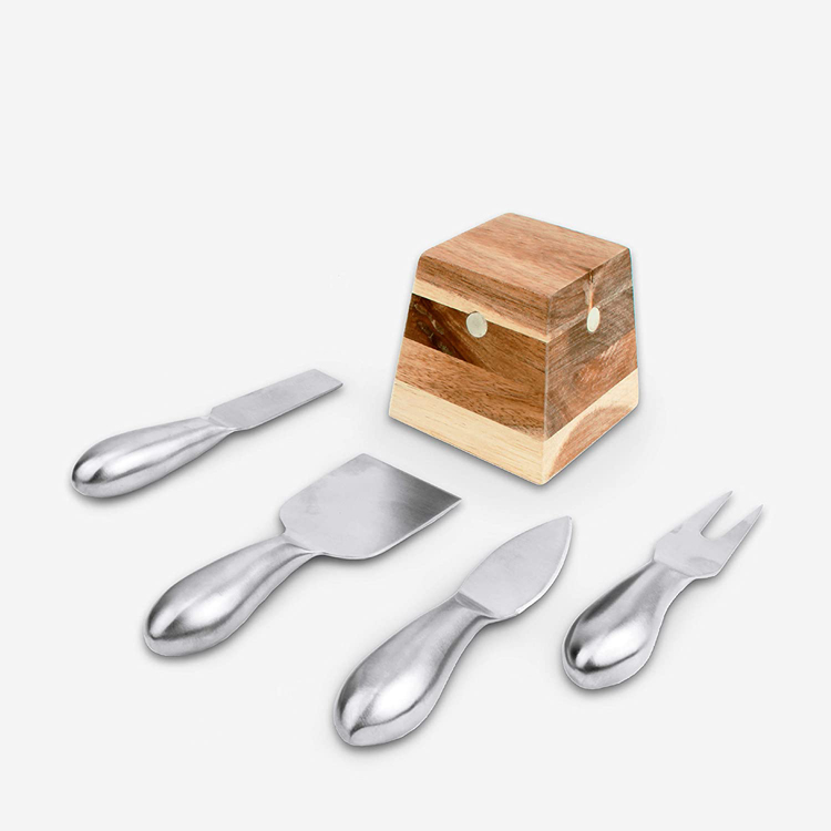 Yuming Factory Amazon Hot Sale 4 Small Stainless Steel Cheese Knives and Fork with Magnetic Acacia Wood Holder