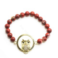 Red Jasper 8MM Round Beads Stretch Gemstone Bracelet with Diamante owl alloy Piece