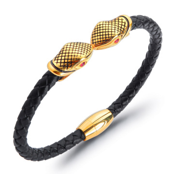 Mens leather gold plated snake bracelet