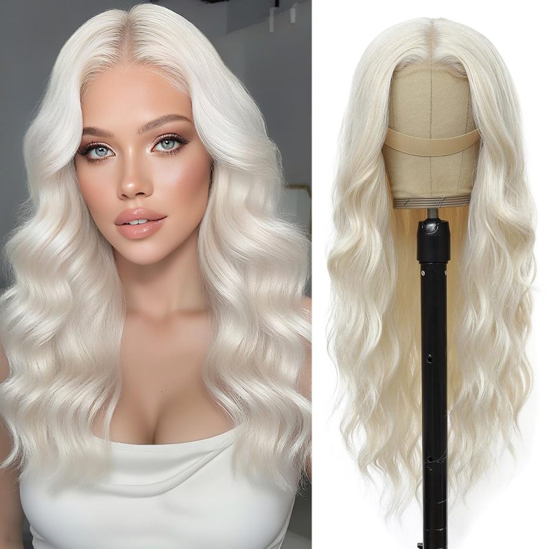 Platinum Blonde Wig for Women Long Wavy Synthetic Lace Front Wig